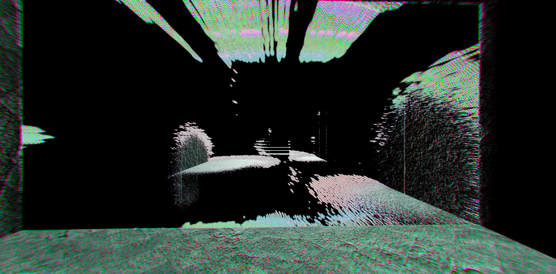 Computer-generated image of concrete platforms with vibrant color separation on their edges in a black void.